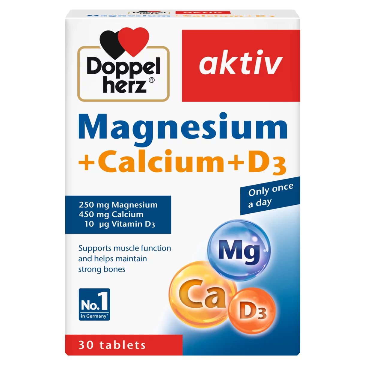 Illustration of the product packaging Doppelherz aktiv Magnesium + Calcium + D3 front view